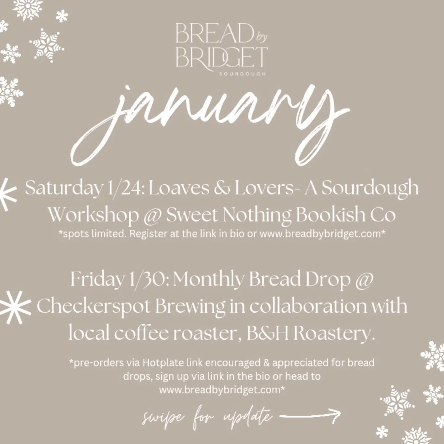 There is always something so fresh and exciting about a new year and I couldn&rsquo;t be more excited for what&rsquo;s to come! Here are a few updates and events coming up on the schedule:

I&rsquo;m thrilled to be resuming monthly bread drops at @ch