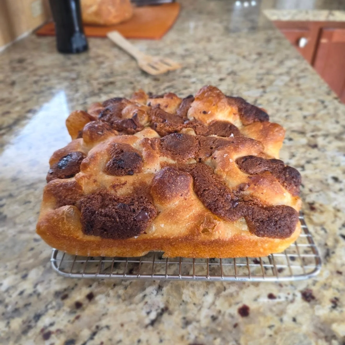 When you ask a seven year old what to put on focaccia.... 

Dimpled some chocolate chip cookie dough into some sourdough focaccia to see what happens 😉

I am already thinking of how I would do it differently. 

The gift of being flexible and curious