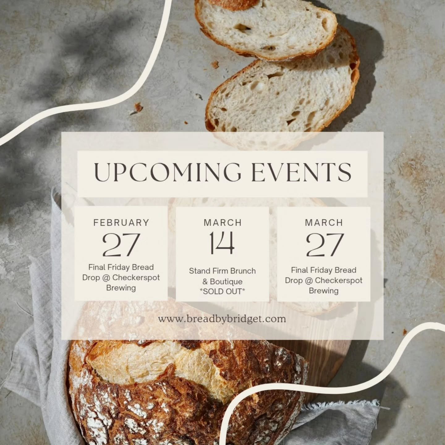 ✨ UPCOMING EVENTS ✨🥖☕

📍 Final Friday Pop-Up at @checkerspotbrewing
with @bhroast 
🗓️ 2/27 + 3/27
Come grab fresh sourdough + locally roasted coffee while you sip a gluten-reduced craft beer from Checkerspot.
Pre-orders encouraged to guarantee you