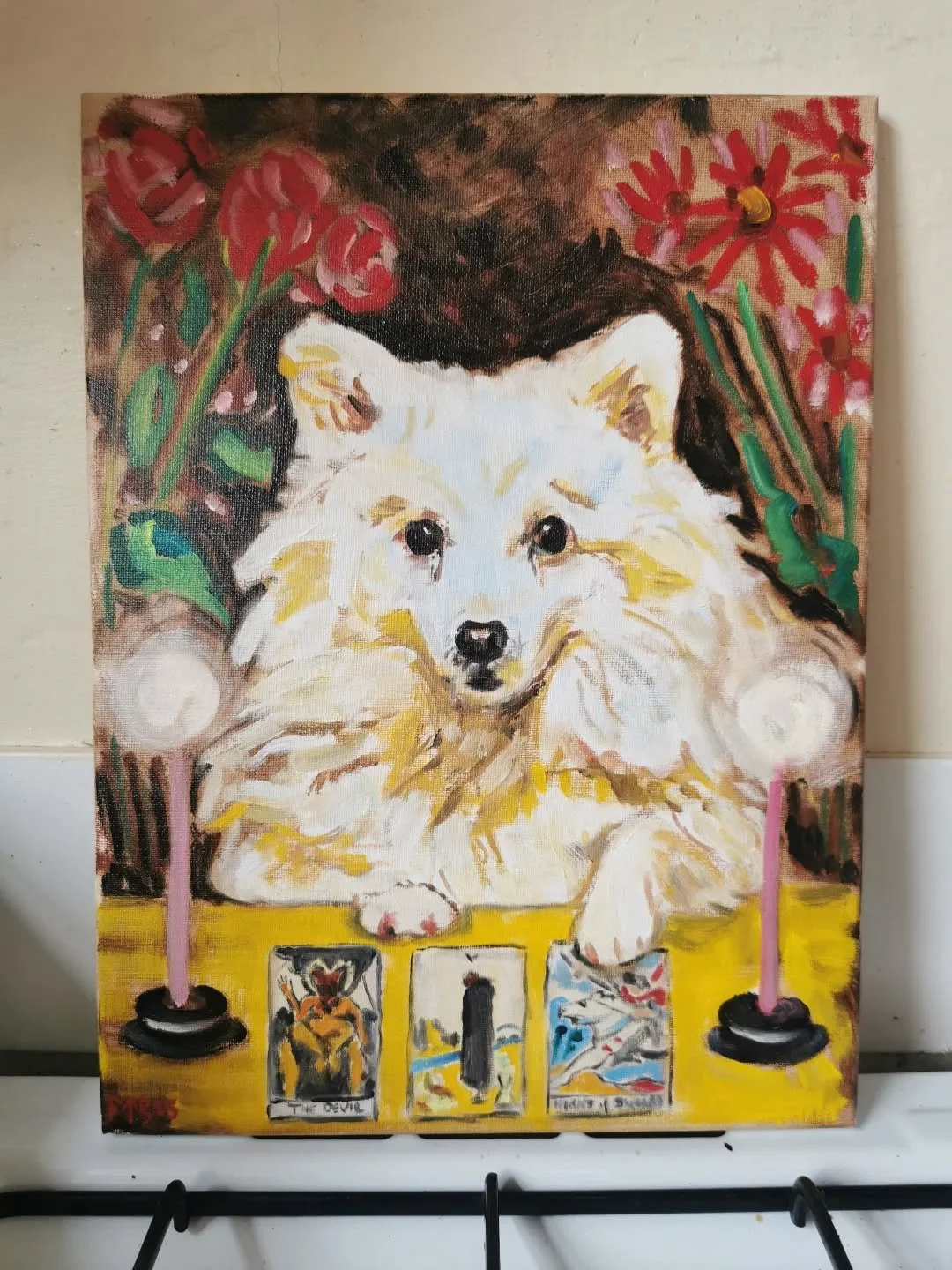 Good morning people of the planet earth, I'm opening my pet portrait commissions in time for the Yule/Christmas festive period. Here we can see the Astral Mystic Tri$ha (a Japanese Spitz) reading the viewers tarot, her clarity at seeing portent is as