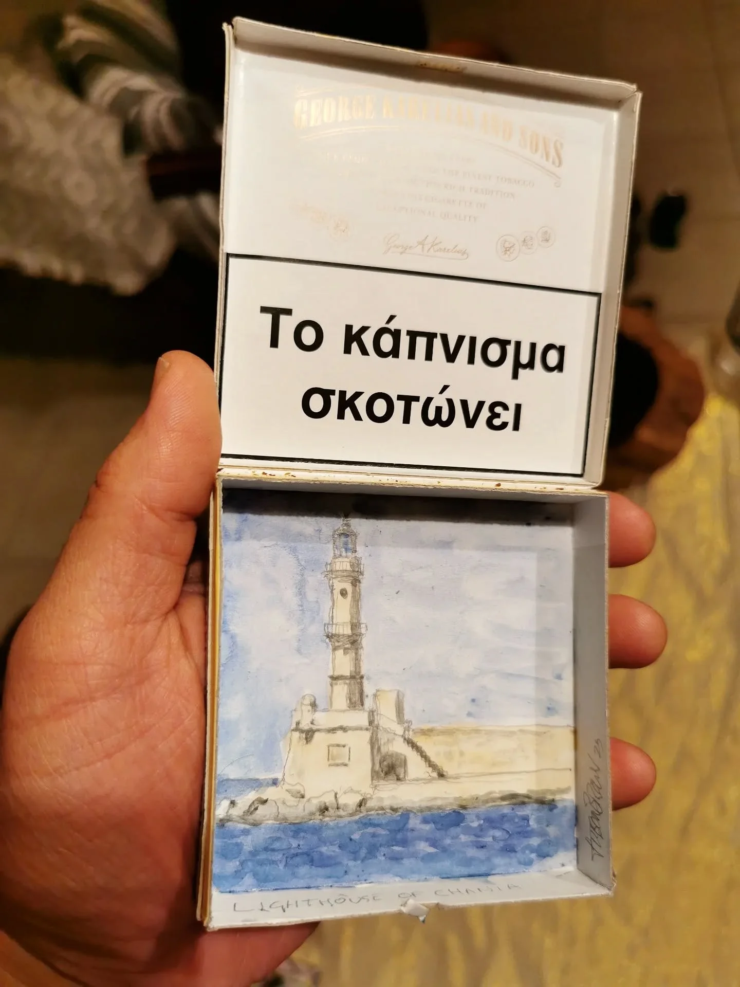 Four Scenes from Western Crete painted in empty packets of George Karelias Cigarettes 🚬 - watercolour on fag packet 

#crete #watetcolour #smoking