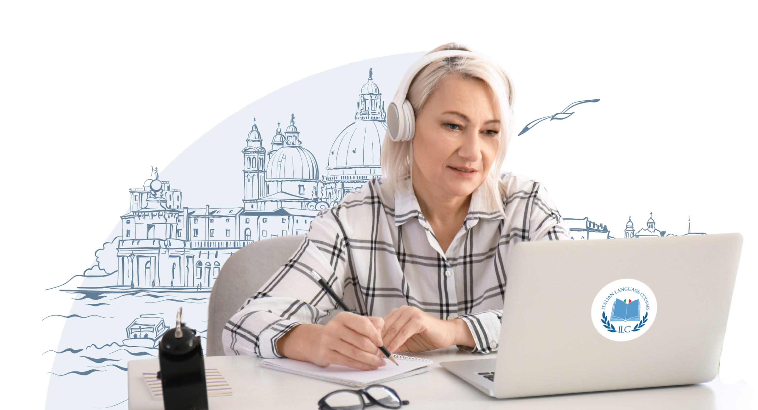Illustration of a student taking an online Italian language class
