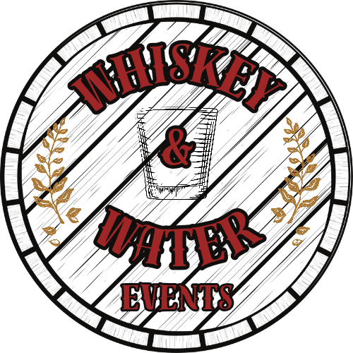 A circular logo with a wooden plank background, featuring the text "Whiskey & Water Events" in bold red and black letters, and a sketch of a glass of water in the center.