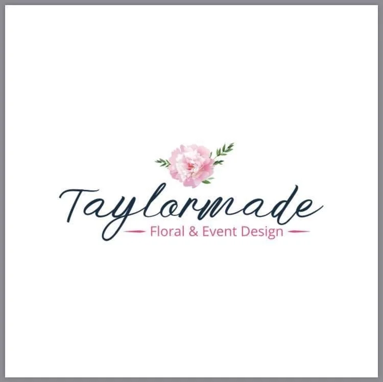 Logo for Taylor Made Floral & Event Design with a pink flower and green leaves above the text.