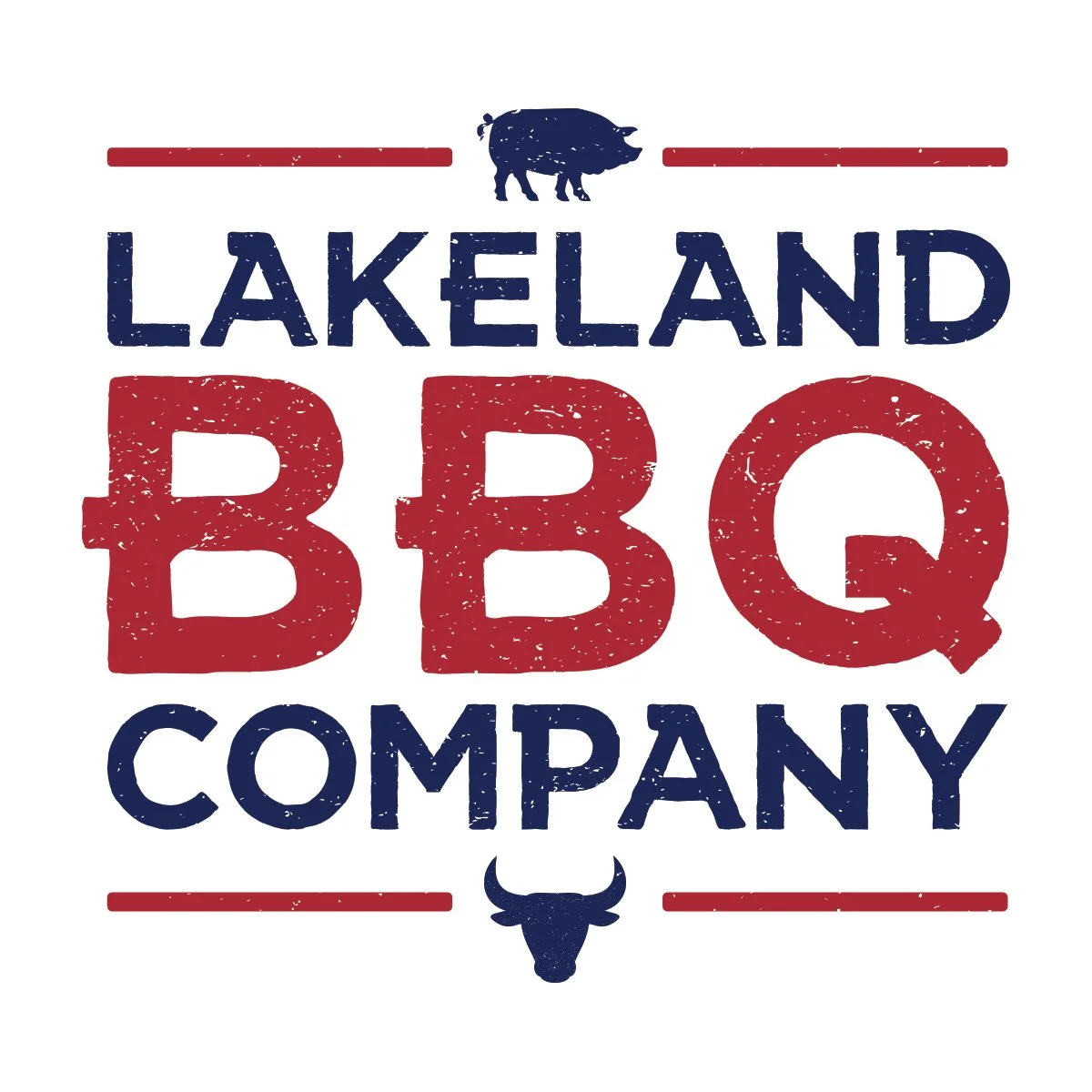 Lakelad BBQ Company logo featuring a pig at the top and a buffalo at the bottom, with bold red and blue text.