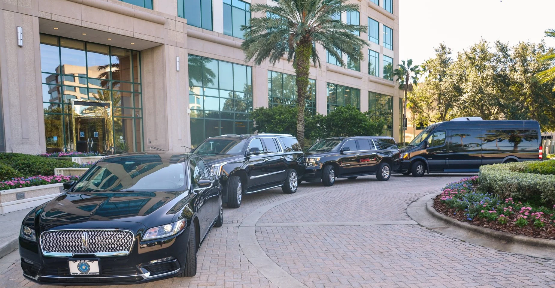 Multiple luxury vehicles, including a black Lincoln sedan, black SUVs, and a black van, parked in front of a modern glass building with trees and flowerbeds.