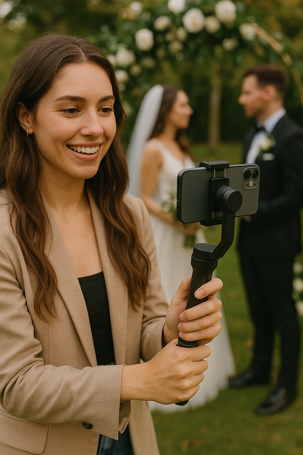A woman recording a wedding ceremony outdoors with her phone on a stabilizer, focusing on the bride and groom in the background.