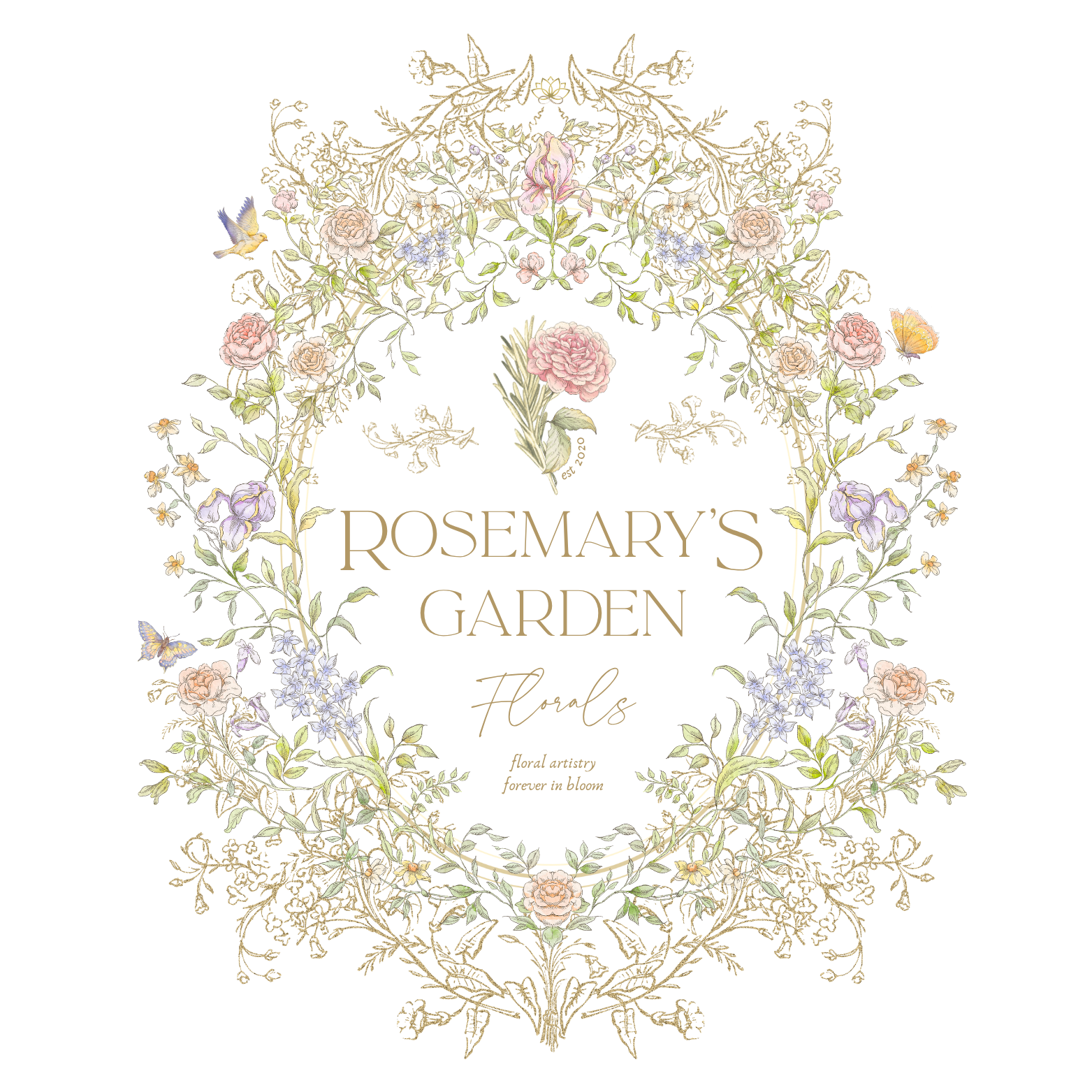 A floral wreath with pastel pink, purple, and white flowers, green leaves, and hummingbirds, surrounding a gold-colored frame with the text 'Every day is a new beginning' in the center.