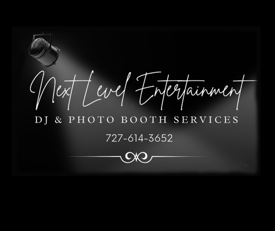 Advertisement for Next Level Entertainment offering DJ and photo booth services, with contact number 727-614-3652, illuminated by a theatrical spotlight.