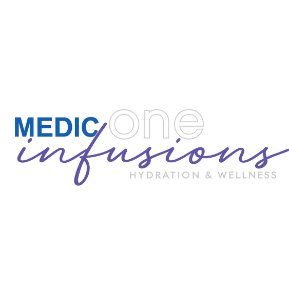 Logo for Medic One Infusions featuring text 'Medic One Infusions Hydration & Wellness' with a white background.