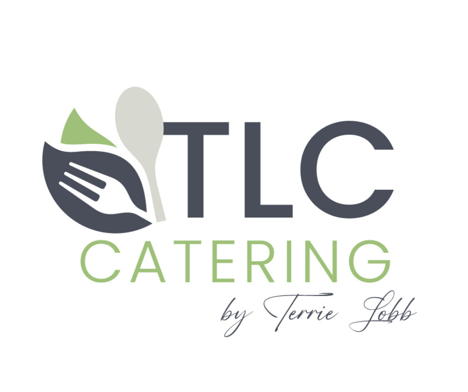 Logo for TLC Catering by Terrie Lobb, featuring a spoon and fork with green and gray color elements.