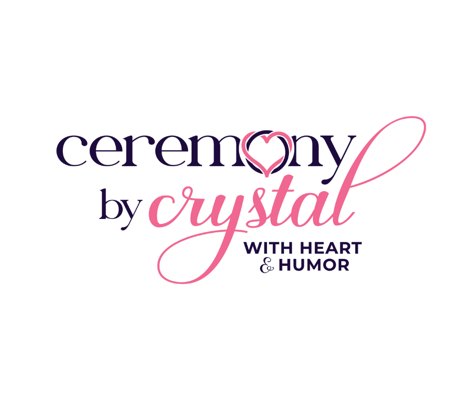 Logo for Ceremonies by Crystal featuring the name in elegant script with a heart shape, and the tagline "With Heart & Humor" in uppercase letters.