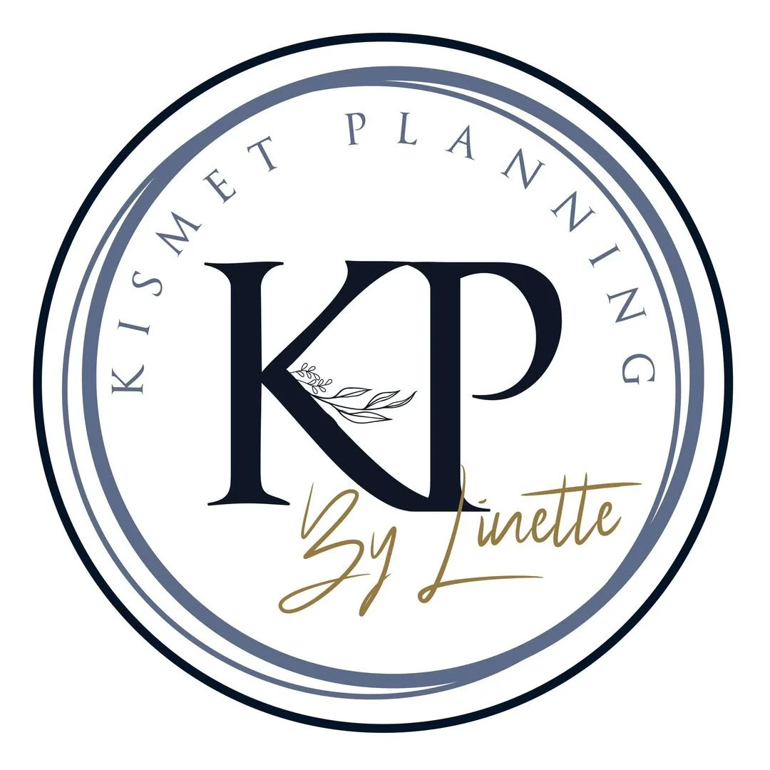 A circular logo with the text 'KISMET PLANNING by Junette' surrounding a large stylized 'KP' in the center, decorated with a small leaf motif.
