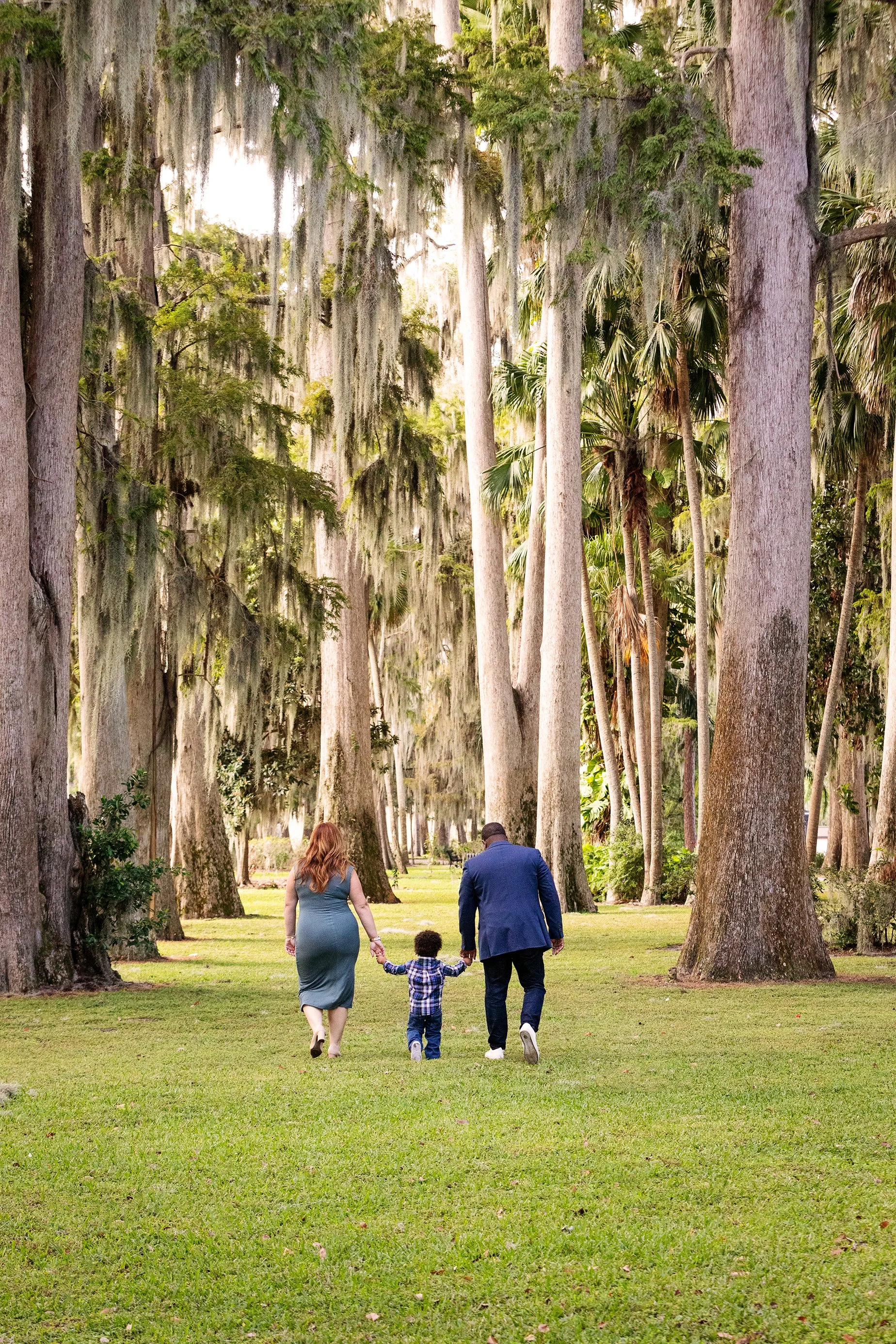 Outdoor family photography of a family of three walking hand in hand through a lush, green Florida park with tall trees and Spanish moss hanging from them.