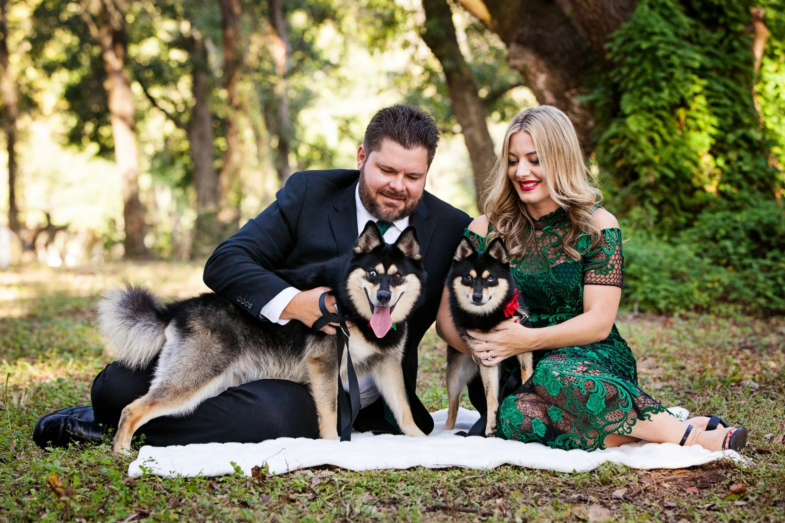 Lifestyle engagement session of a couple sitting on a blanket holding husky puppies in a forest wearing formal attire using the beautiful Florida natural light.