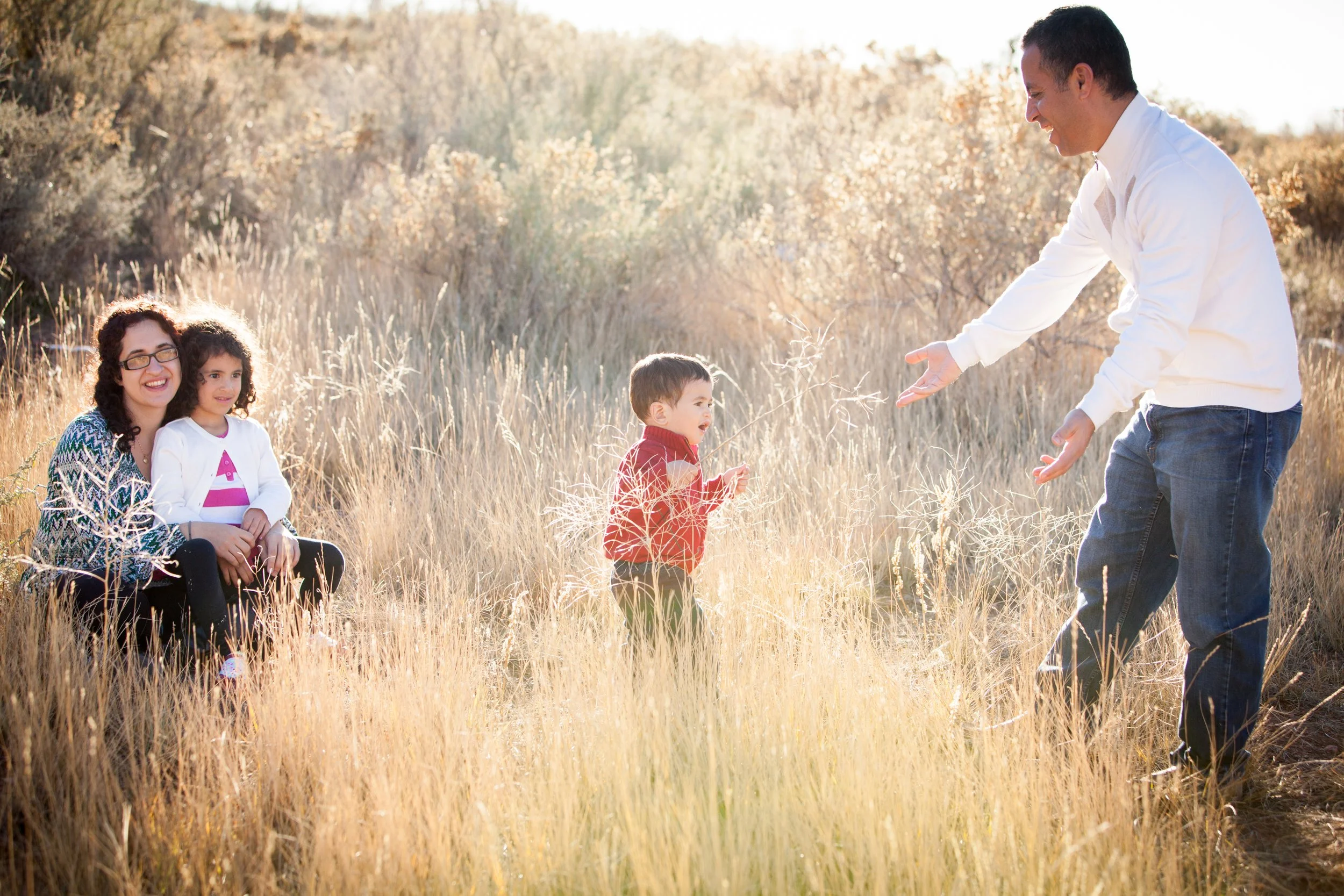 Golden hour family photography of a family laughing together in a grassy field