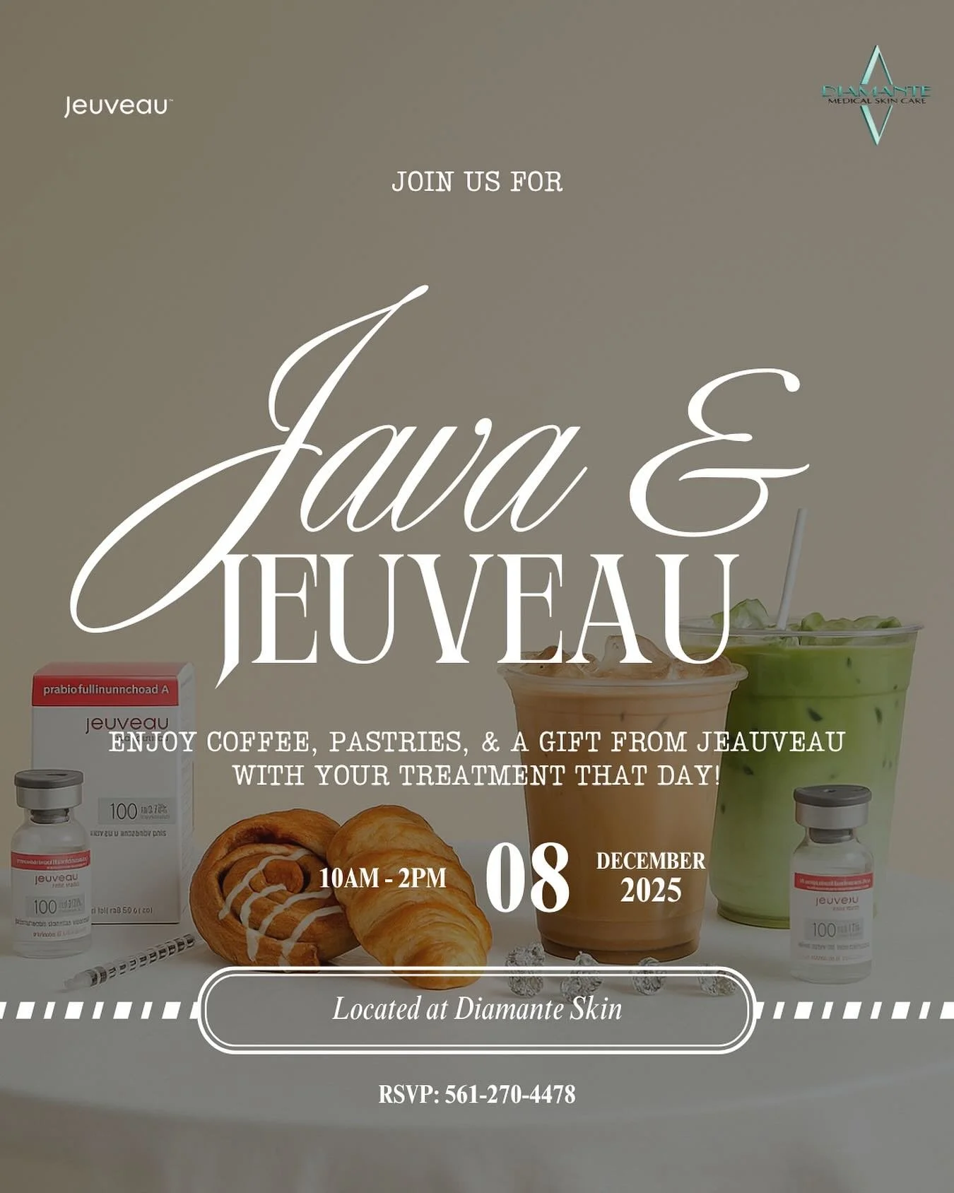 Coffee in one hand, Jeuveau in the other! ☕💉 @jeuveaubyevolus @amanda_evolus 

Join us for Java &amp; Jeuveau on December 8th! 🥰 Enjoy pastries, great vibes, and a special Jeuveau gift when you get treated that day!&nbsp;

See you all soon!✨
RSVP: 