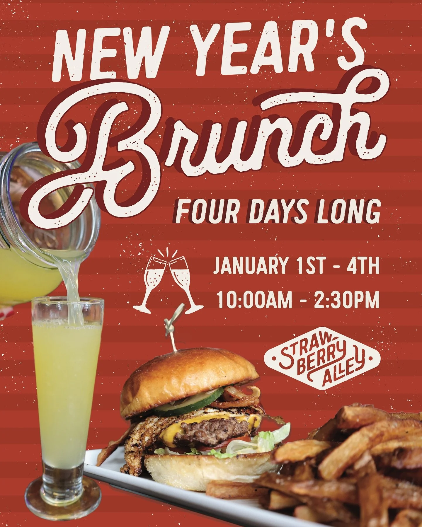 🍻 Start the new year with not one but TWO extra brunch days at Strawberry Alley. That&rsquo;s 4 DAYS of Brunch!!

Skip the post-holiday cooking and enjoy brunch in downtown Clarksville. 

🍽️ January 1st -4th | 10am-2:30pm | Strawberry Alley

🌟 REM