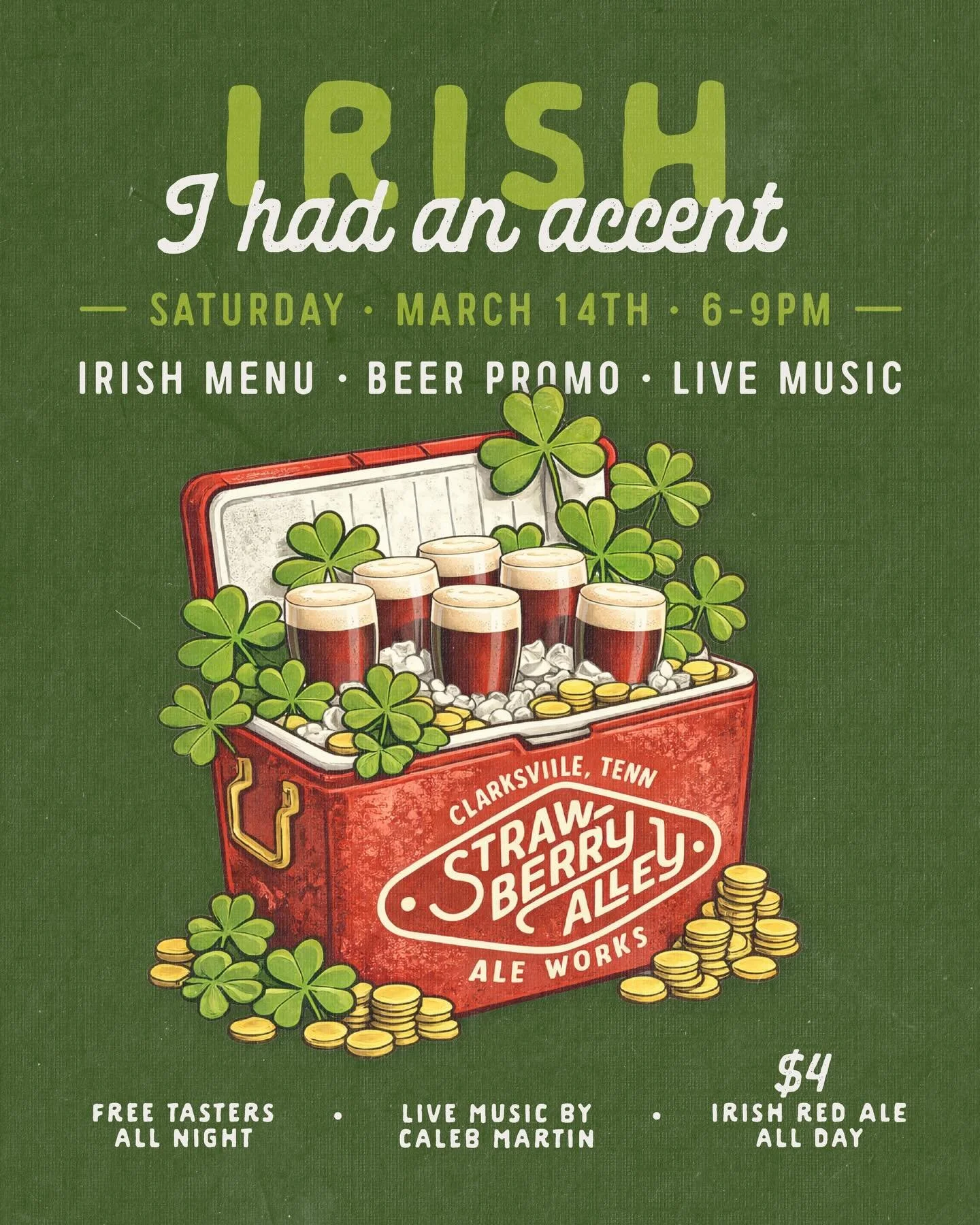🍀 Mark your calendars! March 14th at 6 PM for our annual Irish Red Ale tapping party!

Enjoy live music, complimentary tasters, Irish-inspired food and drink specials, and lots of fun throughout the night.

🍺Come raise a glass with us. Upstairs | S