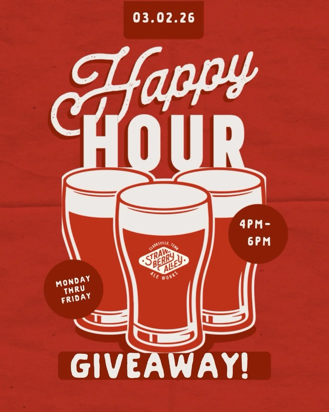 HAPPY HOUR GIVEAWAY
Who are you bringing to Happy Hour?
We&rsquo;re giving one group a Happy Hour for Four at Strawberry Alley. After-work drinks, before-dinner bites, and a good time at the bar with your crew.

To enter:
&bull; Like this post
&bull;