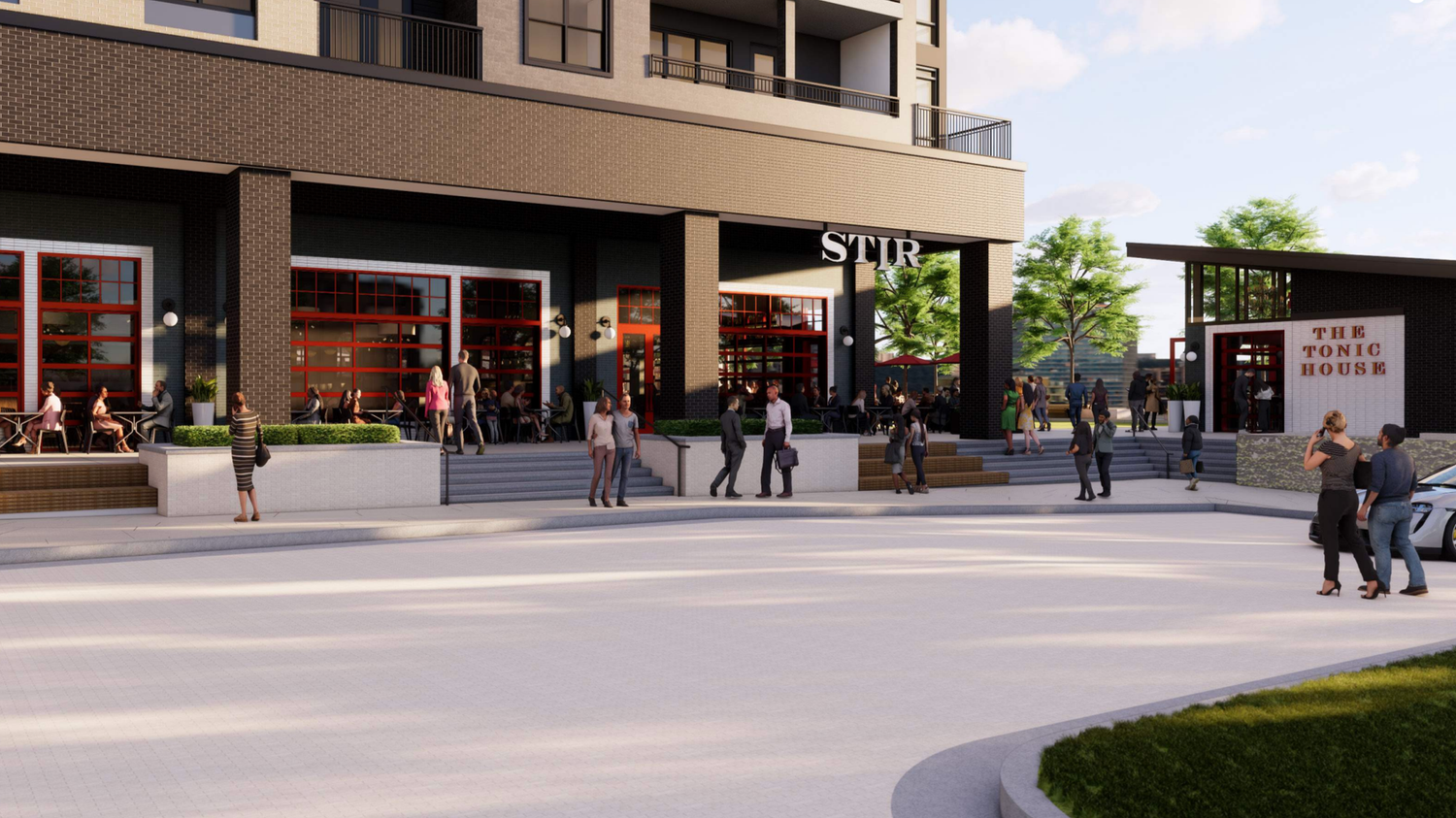 Modern commercial building with outdoor seating, people walking and talking, and a sign for The Tonic House.