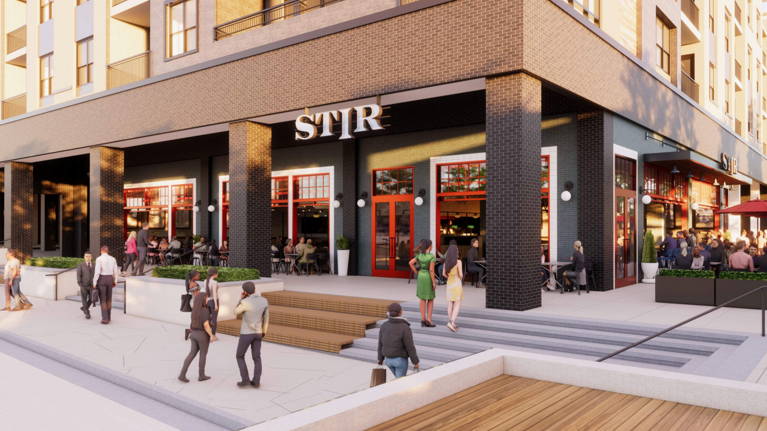 Exterior view of a modern restaurant with outdoor seating area, people walking and dining, red door and window frames, and a large sign that reads 'STIR'.