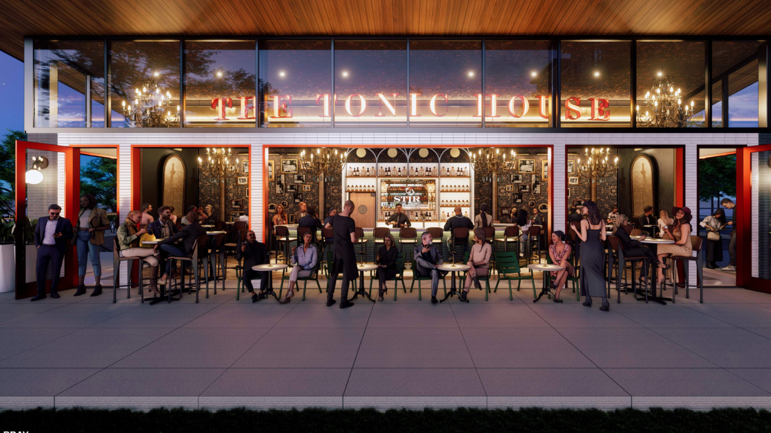 The exterior of a lively bar and restaurant at night with patrons sitting outside and inside. The name 'The Tonic House' is illuminated at the top.