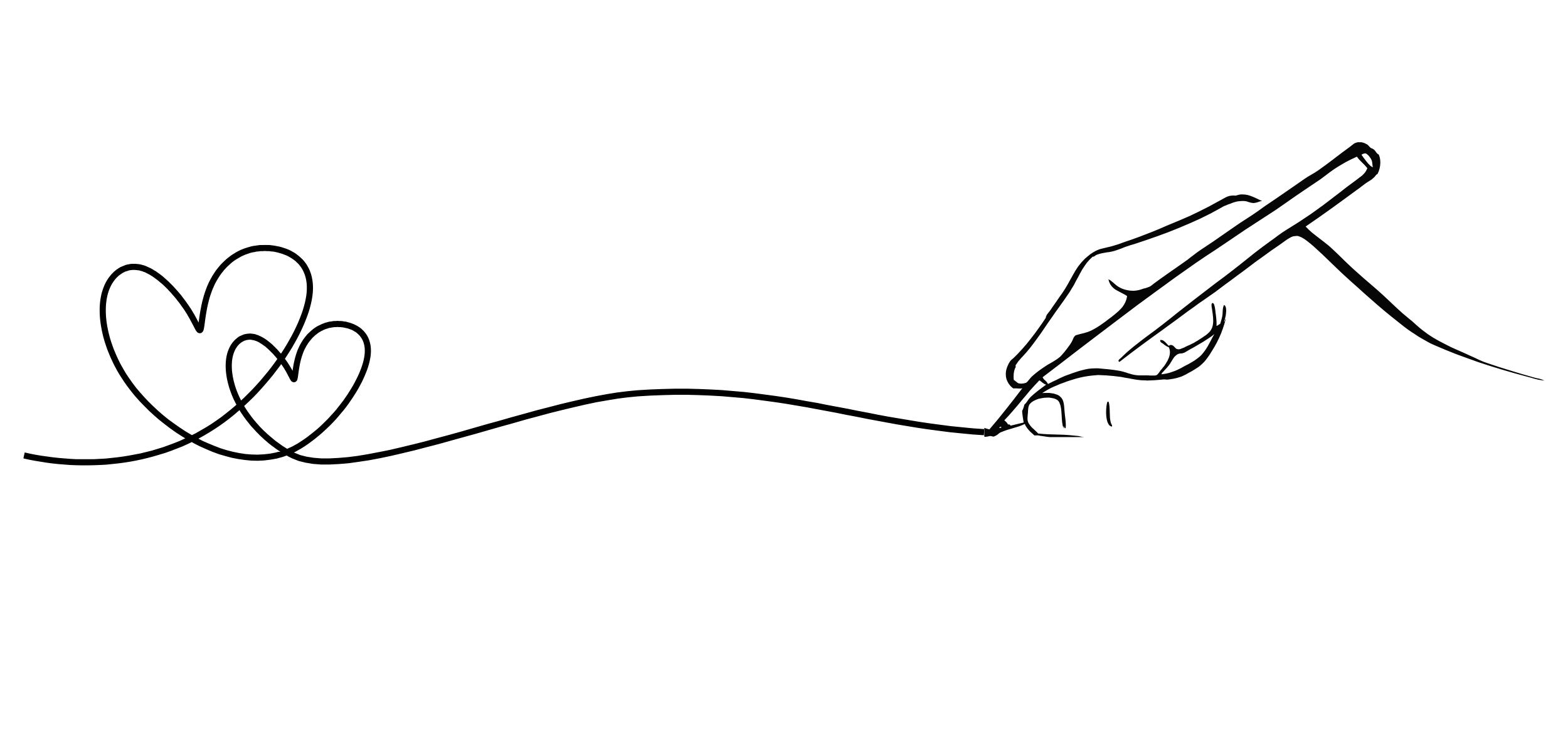 A simple outline drawing of a hand holding a pen, drawing a heart.