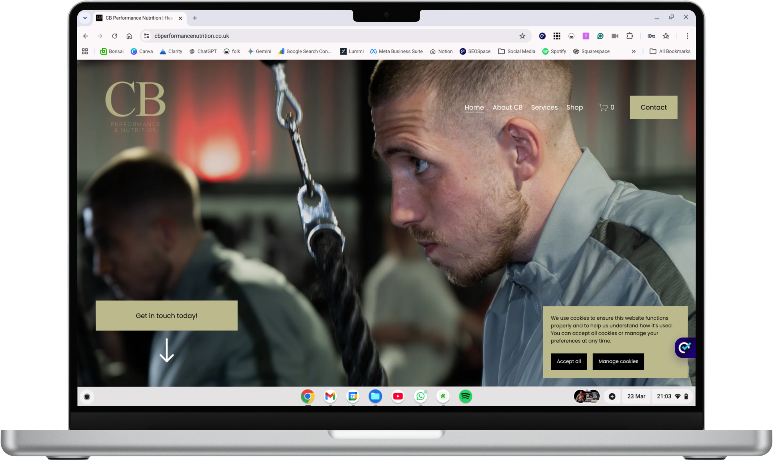 Webpage homepage for CB Performance & Nutrition featuring a man focusing on a workout. Includes a form to fill out contact information.