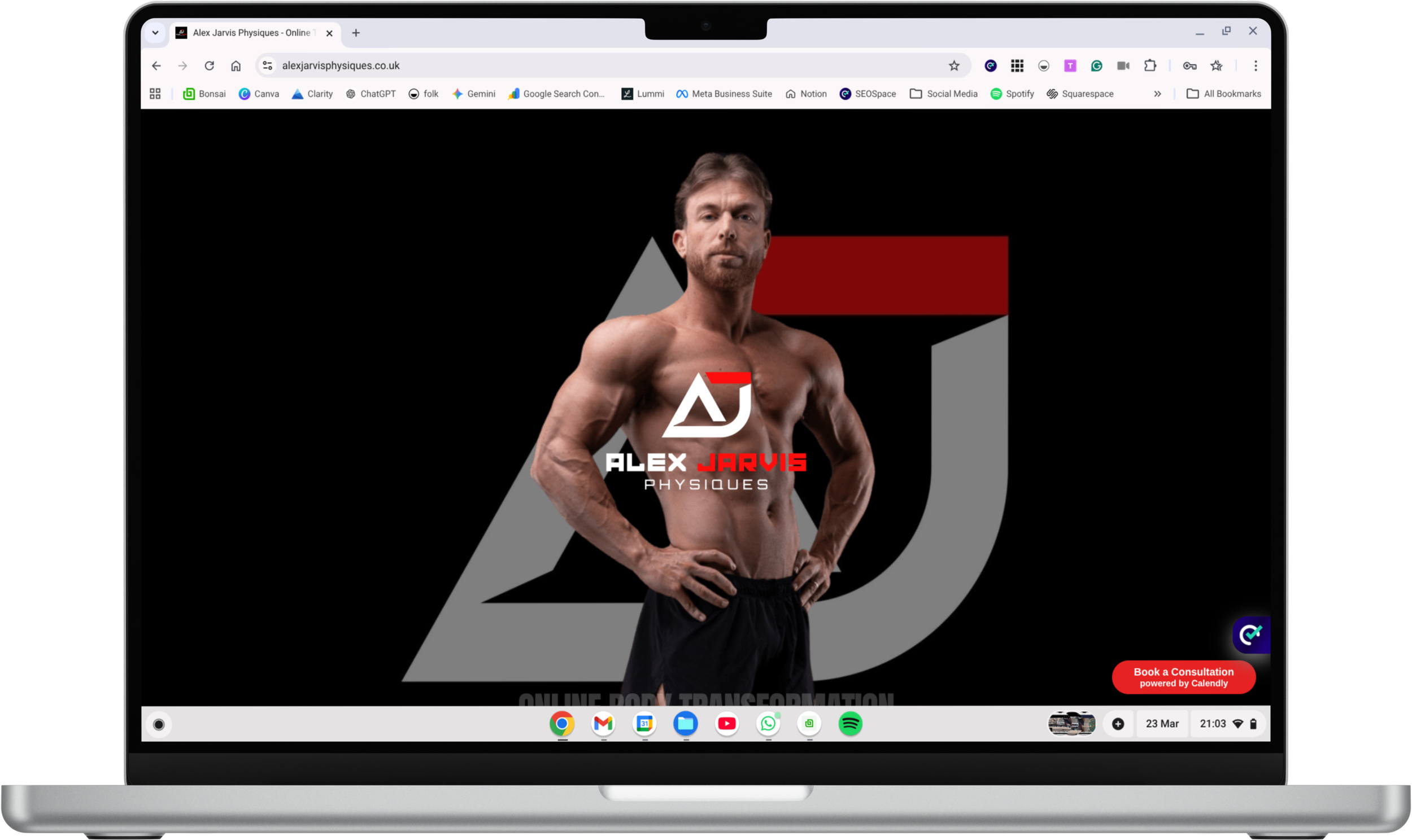 Photo of a muscular man with hands on hips, shirtless, standing in front of a black background with the logo 'Alex Javis Physiques' and the words 'Online Body Transformation Expert'.