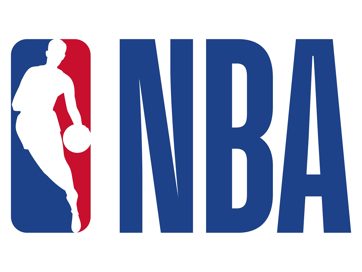 NBA logo with a silhouette of a basketball player dribbling, in red, white, and blue colors.
