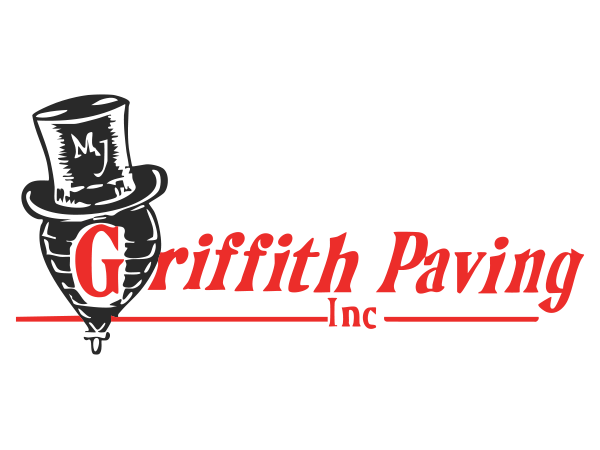 Logo for Griffith Paving Inc., featuring a cartoon portrait of a bearded man with a top hat and a large red letter 'G'.