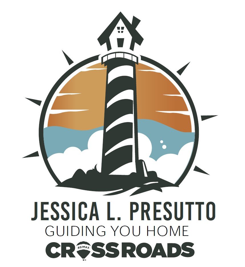 Logo featuring a lighthouse with a house on top, surrounded by water, with orange sky in the background, and the text 'Jessica L. Presutto Guiding You Home Cross Roads'.
