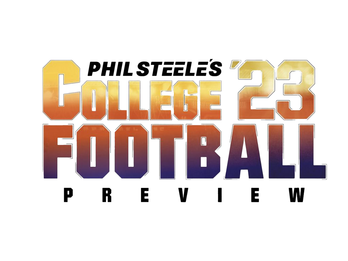 Image of a logo with the text 'Phil Steeles College Football 23 Preview'. The text is styled with large, multicolored block letters, and the background is black.