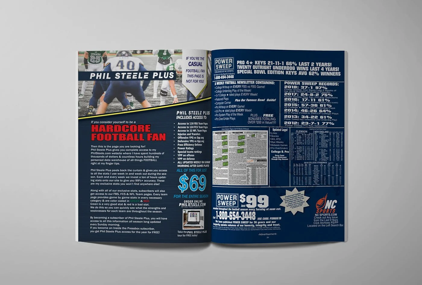Open magazine spread featuring an advertisement for Phil Steele Plus and Power Sweep, promoting football fan content. Local Graphic Designer