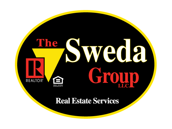 Logo for The Sweda Group LLC real estate services, featuring a yellow triangle, a red 'R' Realtor symbol, and black, red, and white text on a black background with a yellow oval border.