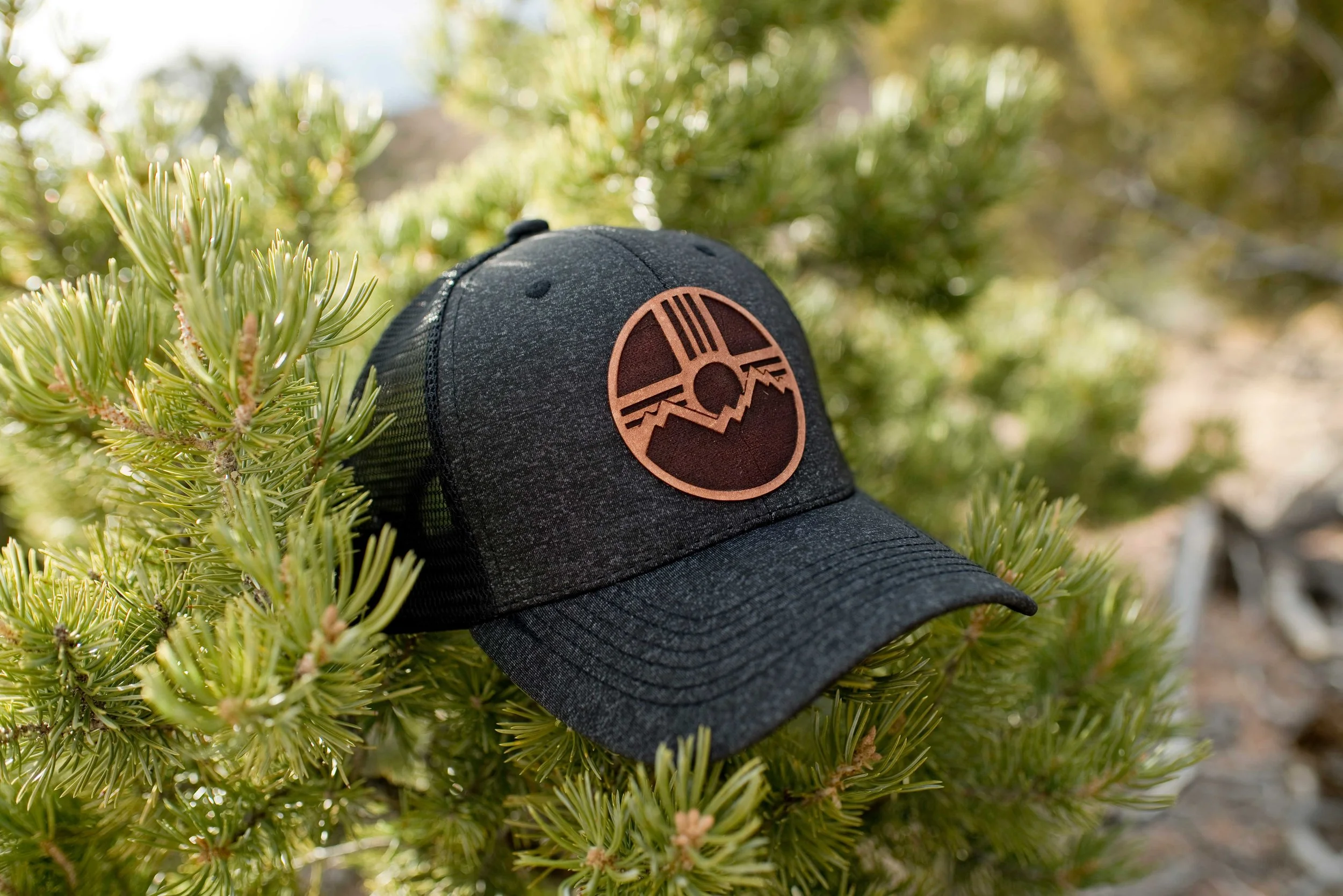 Black baseball cap with a brown leather patch featuring a mountain and Zia design, placed on green pine tree branches.
