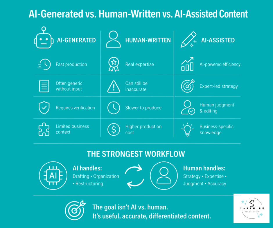 Comparison chart showing differences between AI-generated, human-written, and AI-assisted content strategies.