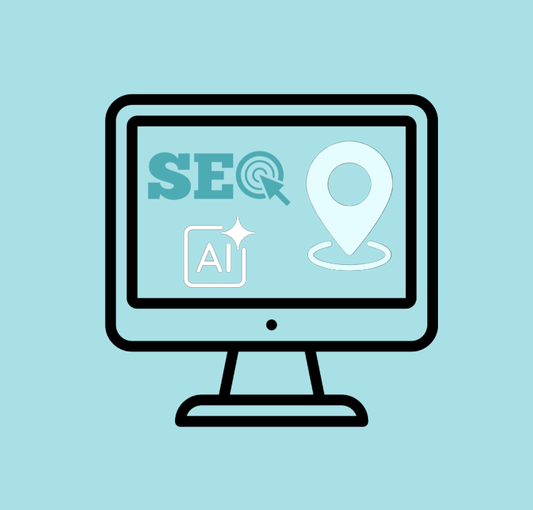 Computer screen with SEO, AI and a map marker