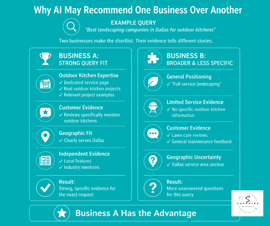 Case breakdown illustrating why AI recommends a business with strong query fit and specific evidence over a broader competitor.