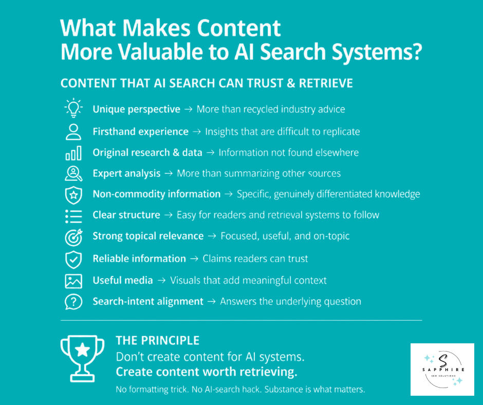 Infographic highlighting what makes content more valuable to AI search systems with unique perspective and data.