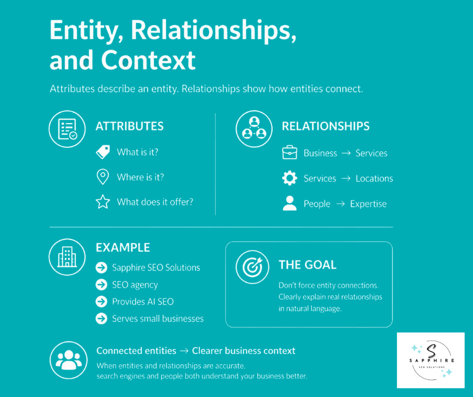 Infographic detailing how entity attributes and natural relationships build business context.