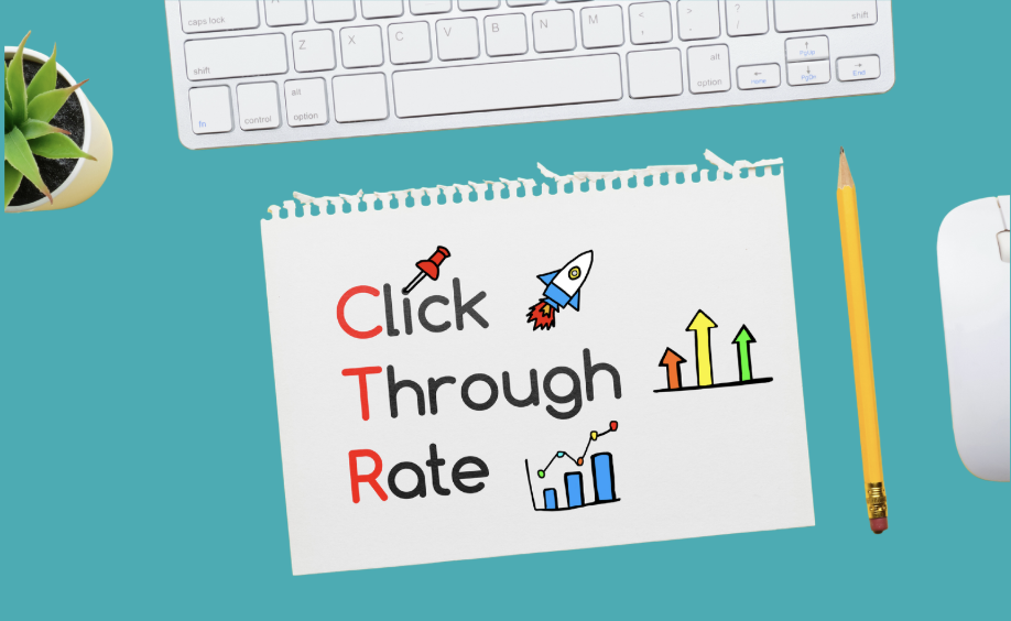 Image showing a piece of paper with the words "Click Through Rate" with a rising bar graph, a rocket, and arrows pointing upward