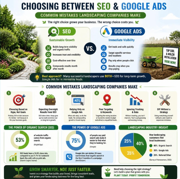 common mistakes landscaping companies make when choosing between seo and paid ads