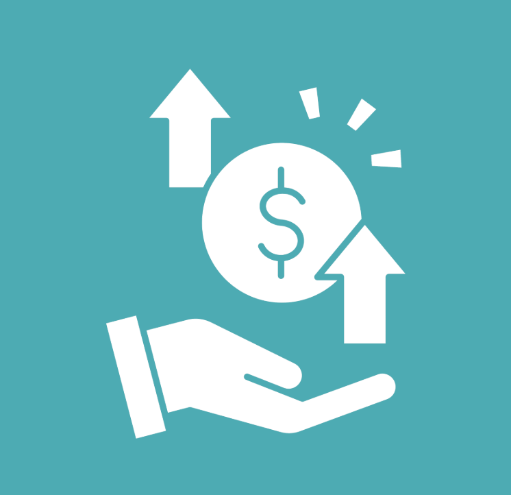 Hand holding a large coin with arrows indicating an upward movement