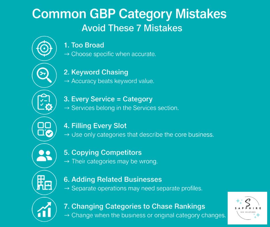 Infographic detailing seven common Google Business Profile category mistakes to avoid for better rankings.