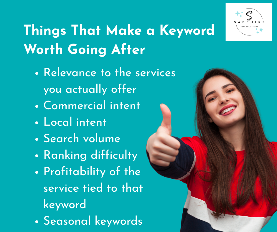 a list of things that make keyword worth going after, and they include relevance, commercial intent, local intent, etc