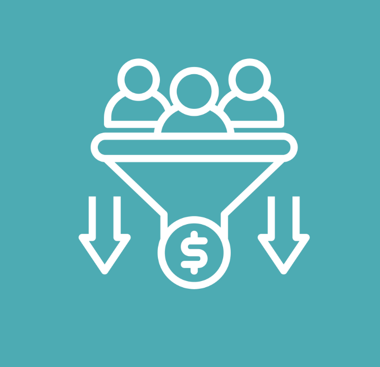 Graphic of a sales funnel with three figures at the top of a funnel and a dollar signed at the bottom