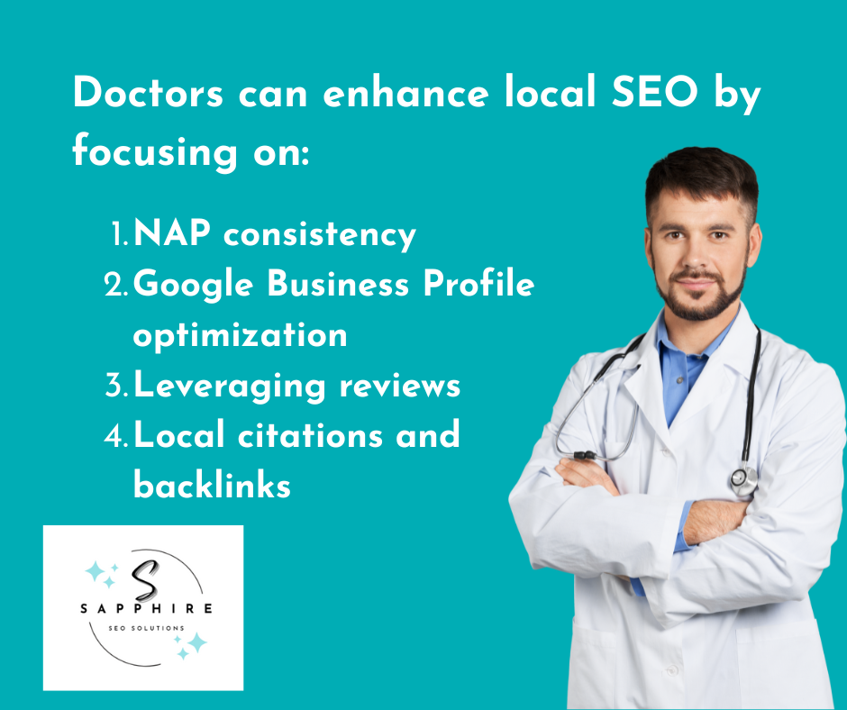 Doctors can enhance local seo by ensuring nap consistency, optimizing GBP, leveraging reviews, and doing local citations