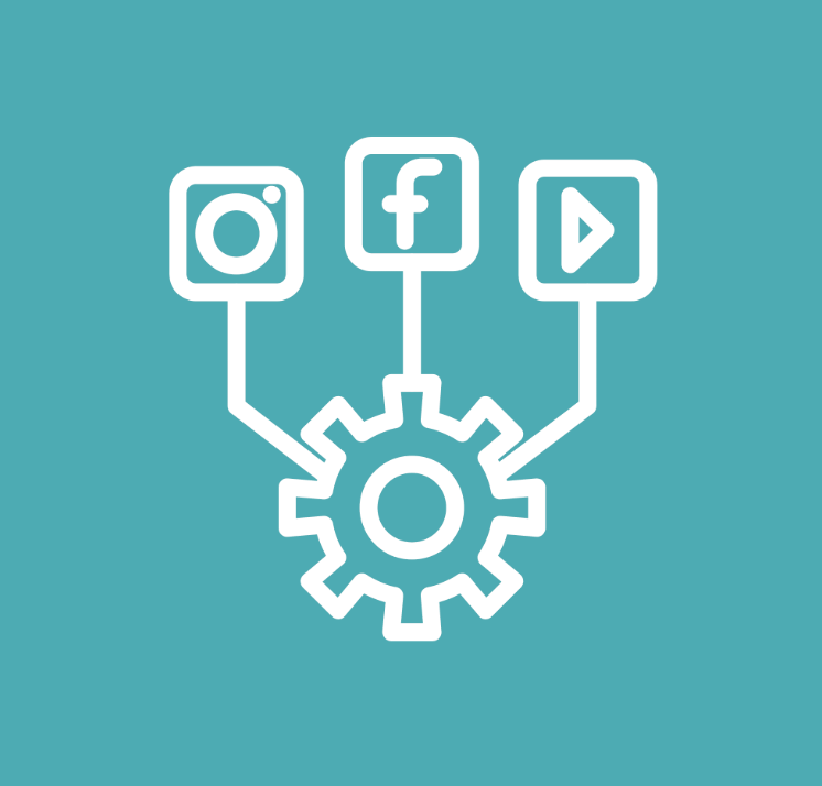 Graphic of a gear that is connected to the logos of instagram, facebook, and youtube